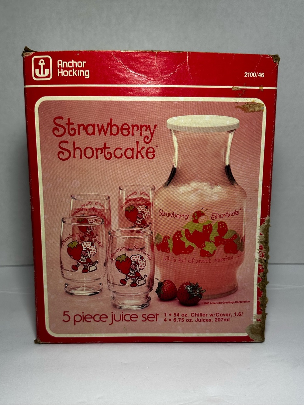 Anchor Hocking Strawberry Shortcake Glass Juice Set - Red Pink
